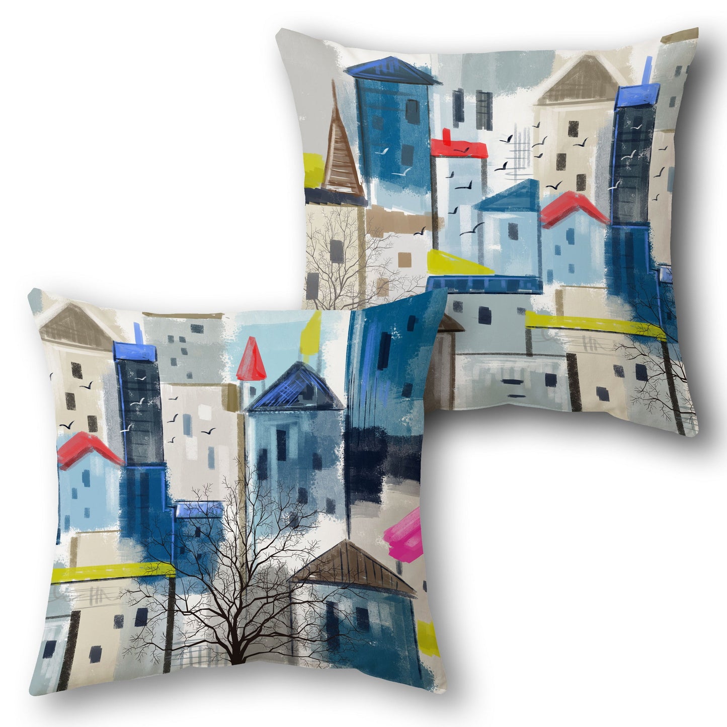 Abstract Cityscape Throw Pillow Set - Blue and Gray with Multicolor