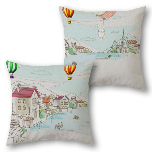 Whimsical Village Throw Pillow Set - Light Blue with Multicolor