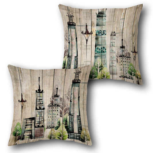 Cozy Fireplace Throw Pillow Set - Beige with Red, Orange, and Brown Accents